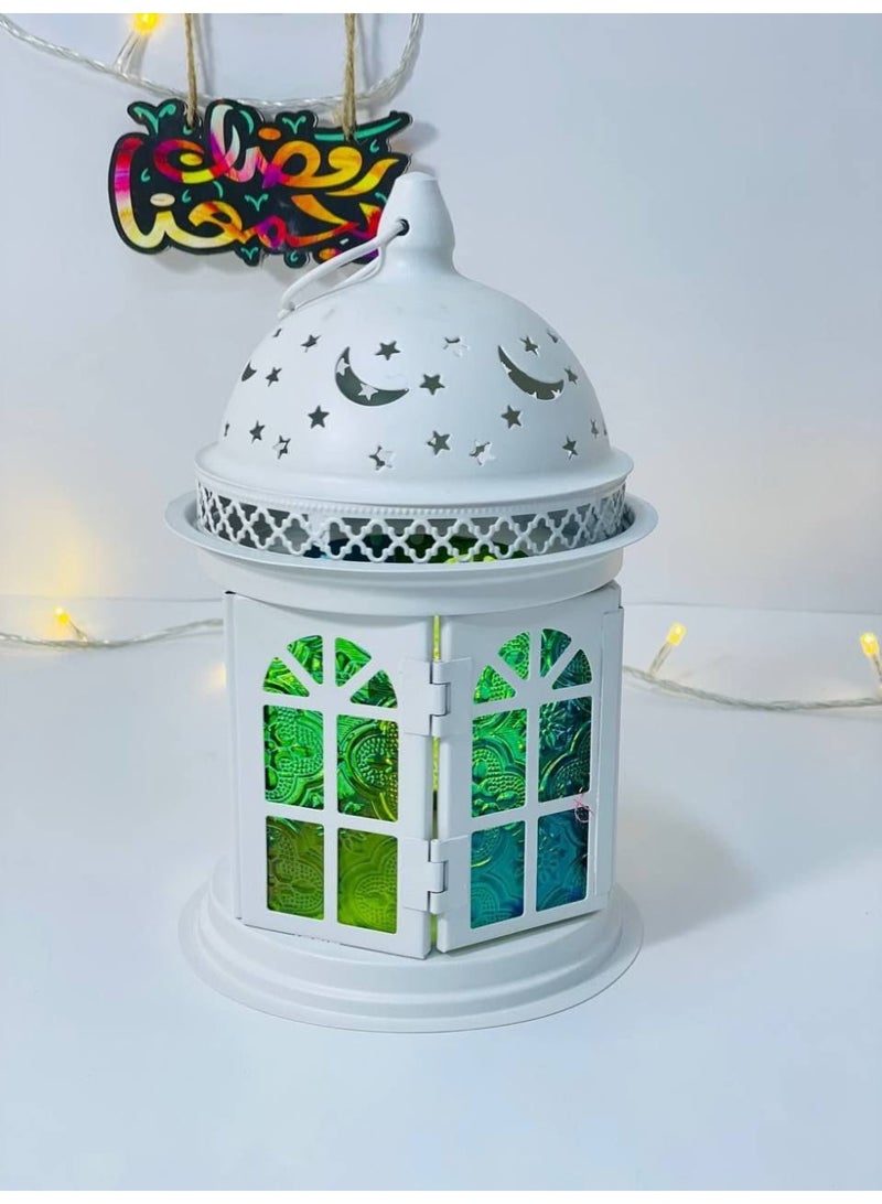 Metal Ramadan Lantern  Round white color, candle holder, lantern with colored glass. Size: 20 cm - Image 3